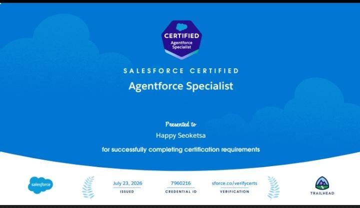 Salesforce Certified Agentforce Specialist certificate presented to Happy Seoketsa